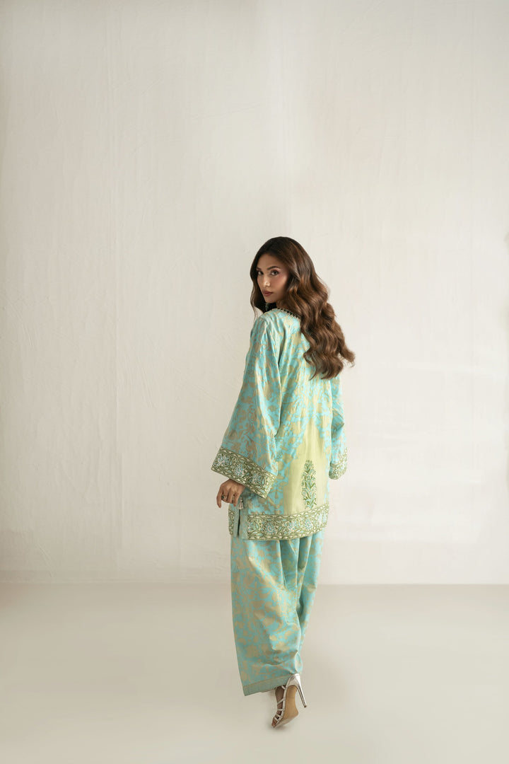 Shehrnaz - Medium Silk Seafoam Meadow Printed Suit For Women - Sea Green