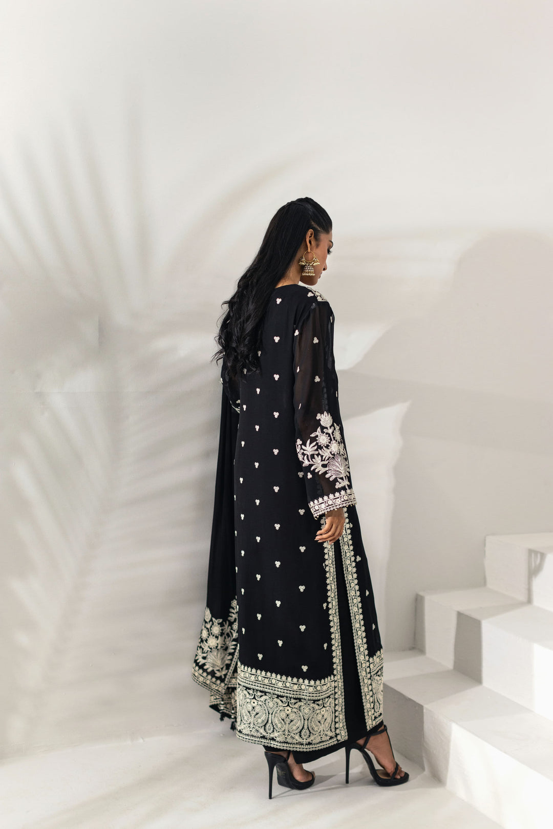Shehrnaz - Midnight Black Silver Embroidered Chiffon Suit - Black - 3 Piece