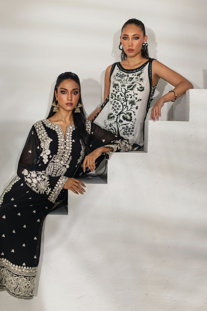 Shehrnaz - Midnight Black Silver Embroidered Chiffon Suit - Black - 3 Piece