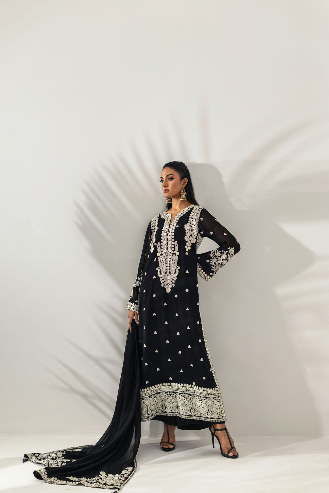 Shehrnaz - Midnight Black Silver Embroidered Chiffon Suit - Black - 3 Piece