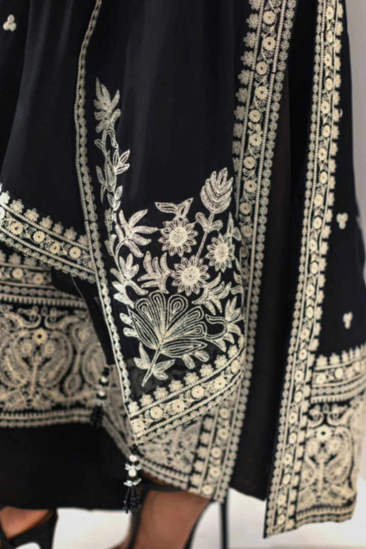 Shehrnaz - Midnight Black Silver Embroidered Chiffon Suit - Black - 3 Piece
