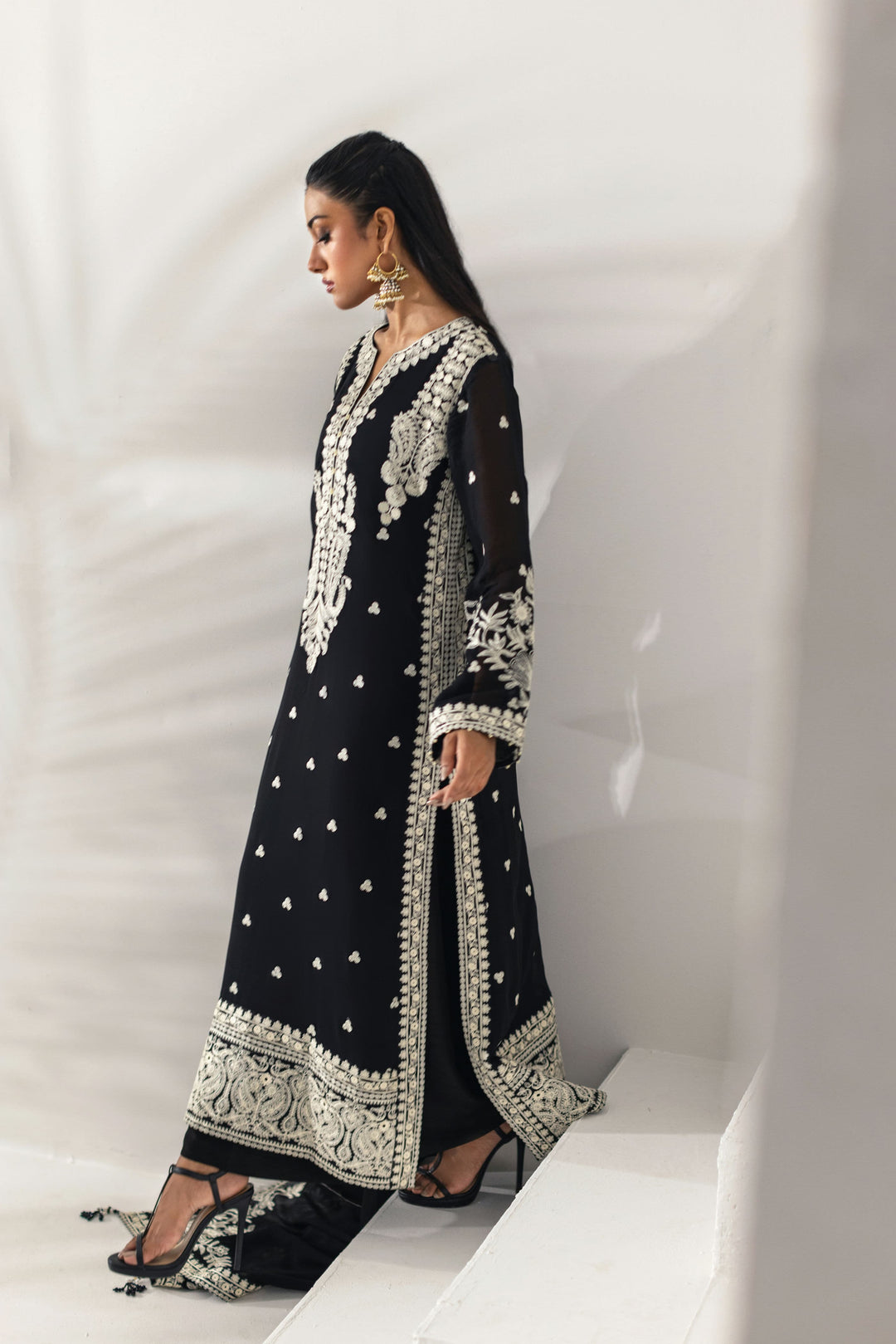 Shehrnaz - Midnight Black Silver Embroidered Chiffon Suit - Black - 3 Piece