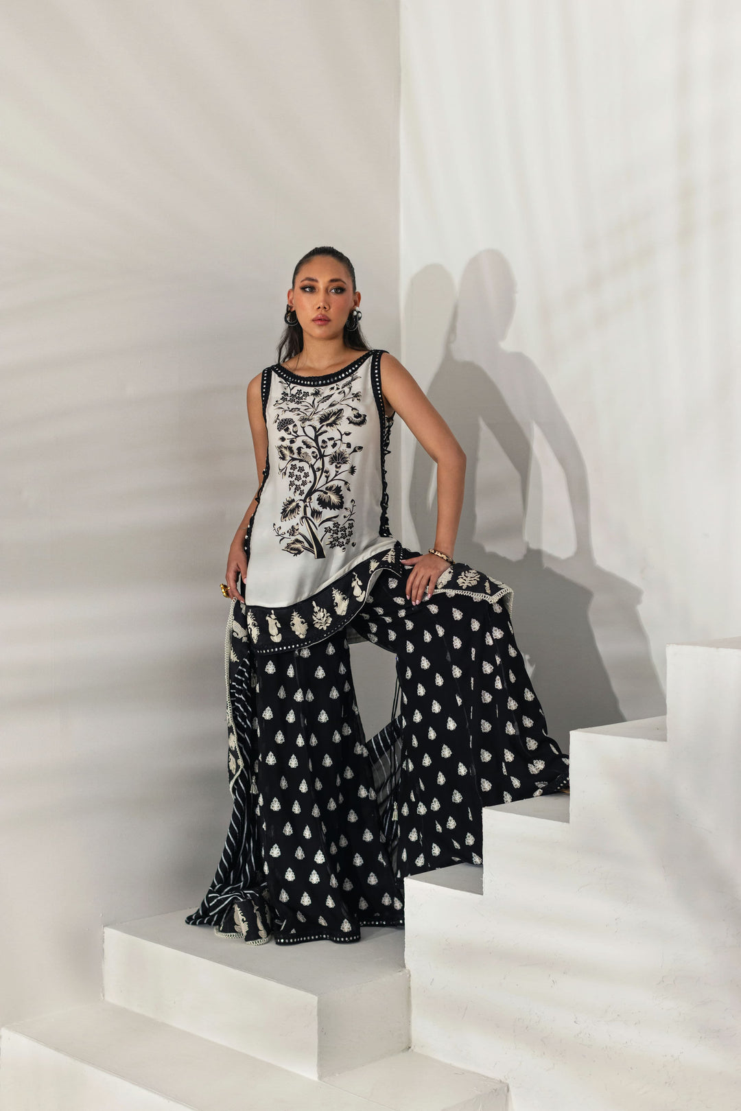Shehrnaz - Monochrome Embroidered Tunic with Flared Palazzos - White - 3 Piece