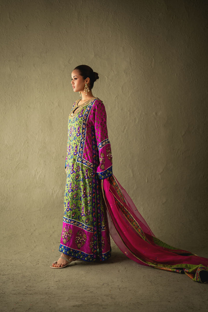 Shehrnaz - Naysa Dhani-Pink Silk Kaftan Set - SHK-1578 - Dhaani Green - Pure Medium Silk - 3 Piece
