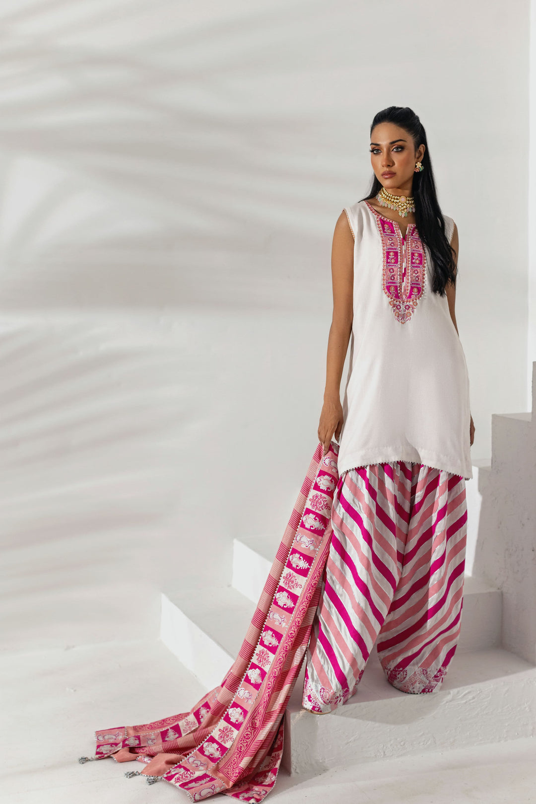 Shehrnaz - Pearl White Kurta with Fuchsia Striped Shalwar - Beige - 3 Piece