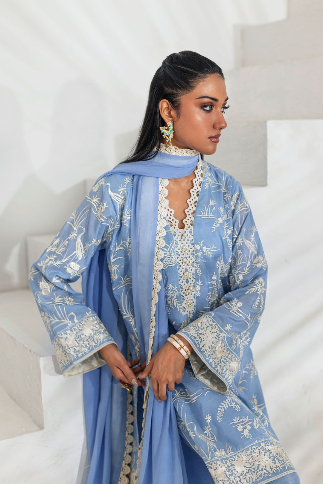 Shehrnaz - Powder Blue Floral Threadwork Kurta Set - Aqua blue - 3 Piece