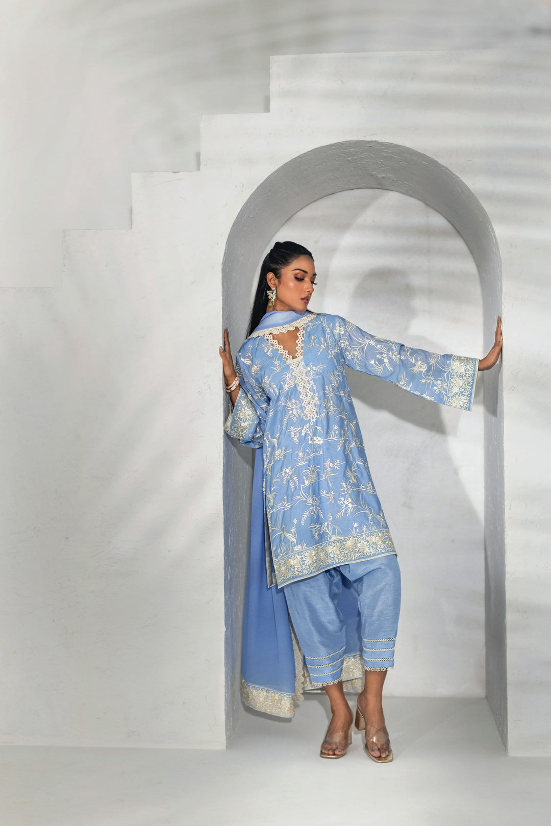 Shehrnaz - Powder Blue Floral Threadwork Kurta Set - Aqua blue - 3 Piece