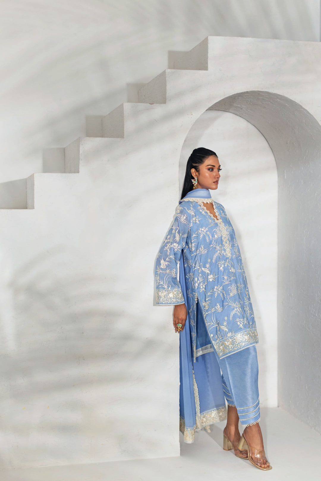 Shehrnaz - Powder Blue Floral Threadwork Kurta Set - Aqua blue - 3 Piece