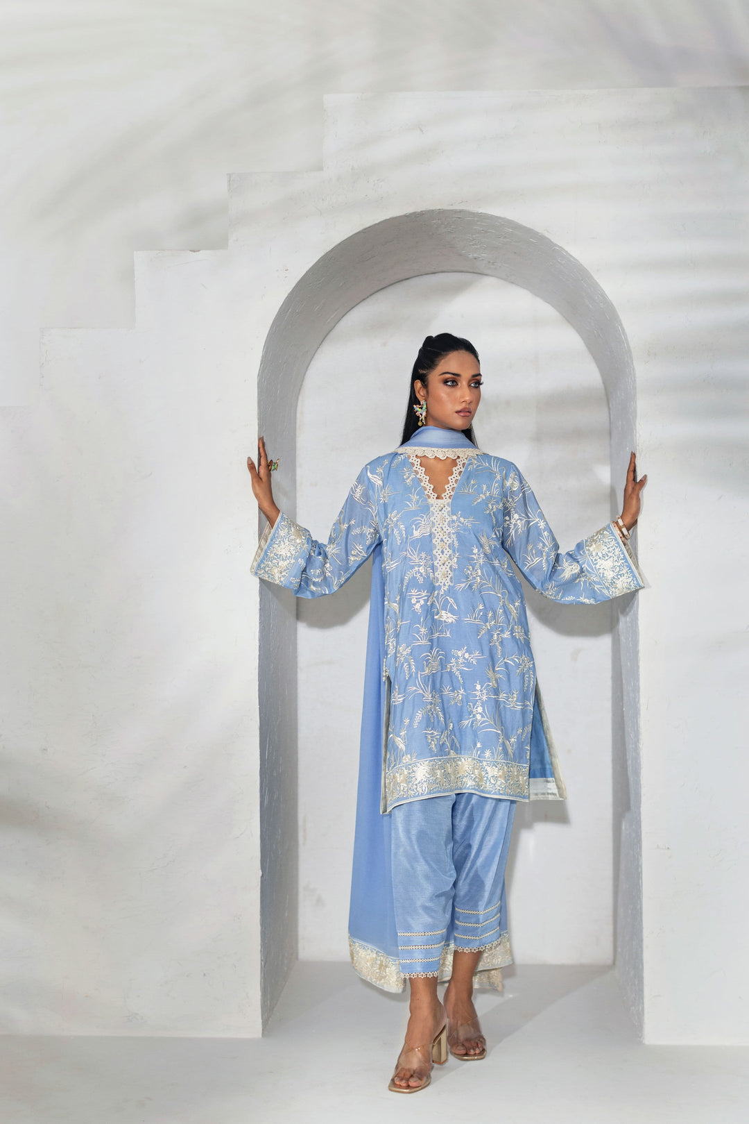 Shehrnaz - Powder Blue Floral Threadwork Kurta Set - Aqua blue - 3 Piece