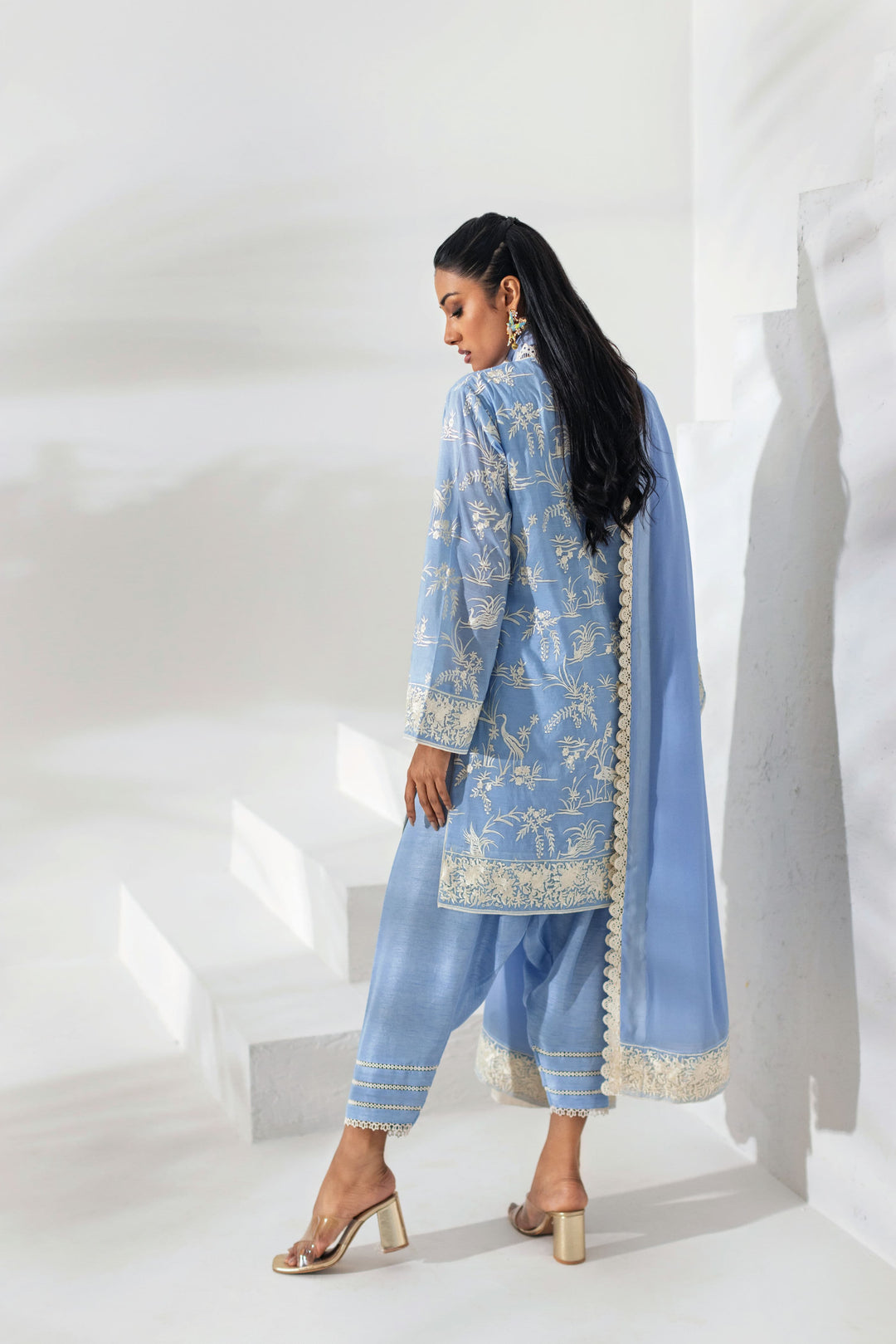 Shehrnaz - Powder Blue Floral Threadwork Kurta Set - Aqua blue - 3 Piece