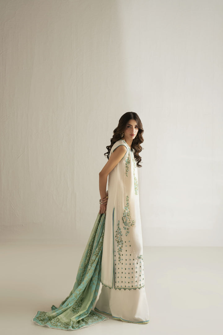 Shehrnaz - Pure Raw Silk Ivory Sage Breeze Suit For Women - White