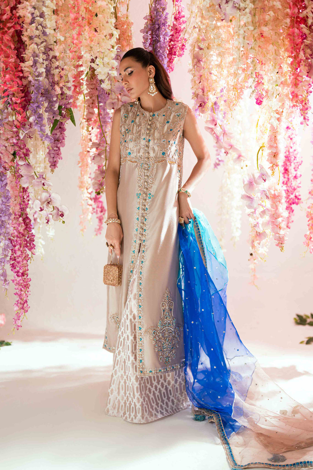 Shehrnaz - Rhea Gold Long Coat Set - SHK-1565 - Gold - Mysore silk - 3 Piece