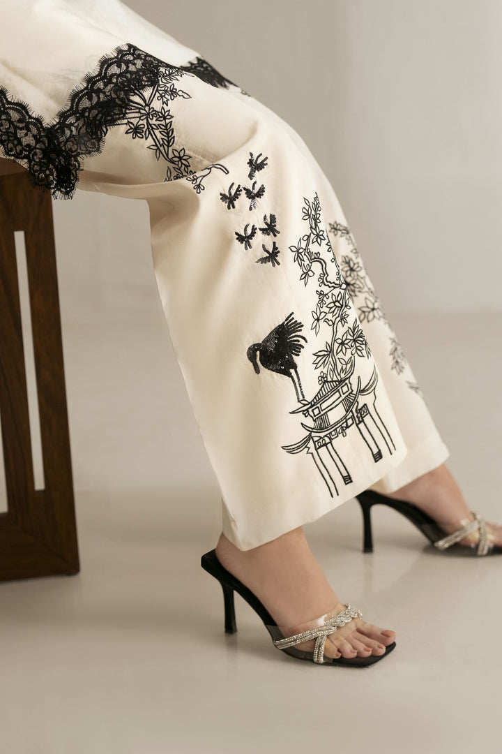 Shehrnaz - Russain Silk Ivory Inkline Co-Ord Set For Women - Off-White