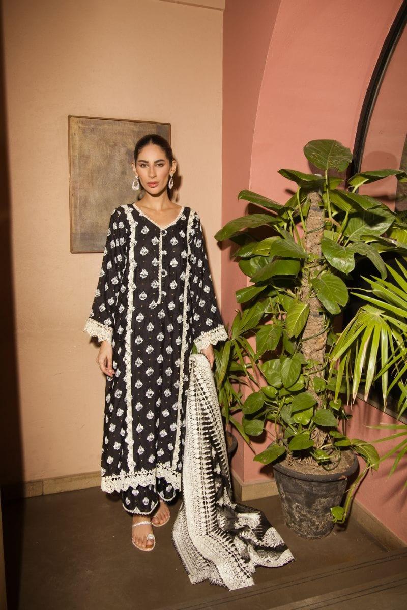 Shehrnaz - SHK-1142 - 2 Piece - Black - Cotton Net Shirt