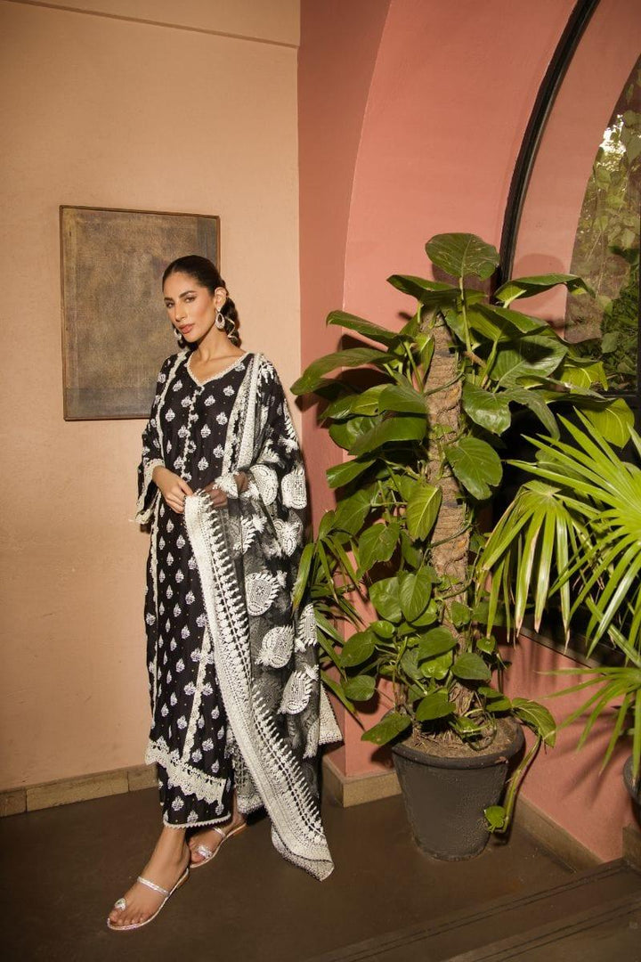 Shehrnaz - SHK-1142 - 2 Piece - Black - Cotton Net Shirt