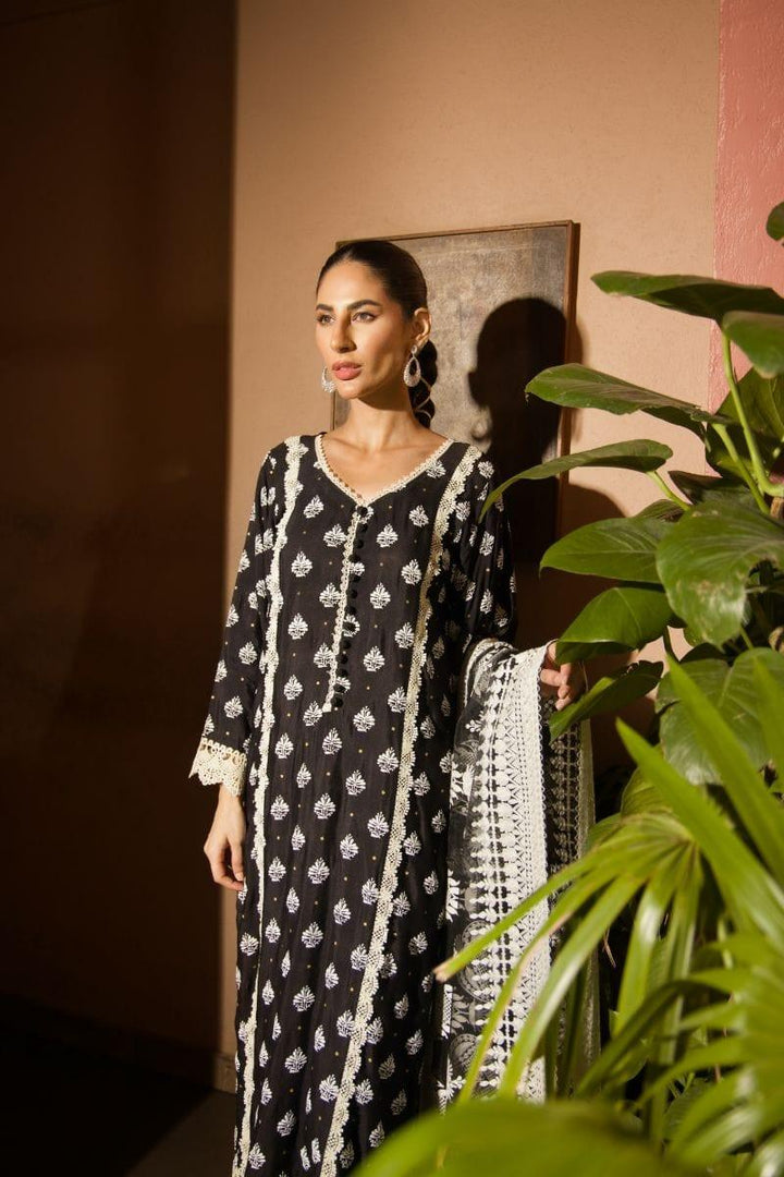 Shehrnaz - SHK-1142 - 2 Piece - Black - Cotton Net Shirt