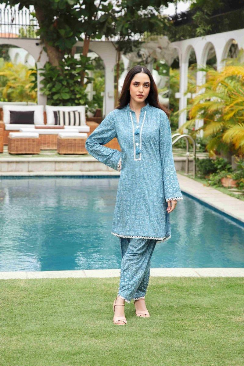 Shehrnaz - SHK-1193 - Light blue - cotton chikan - 2 Piece