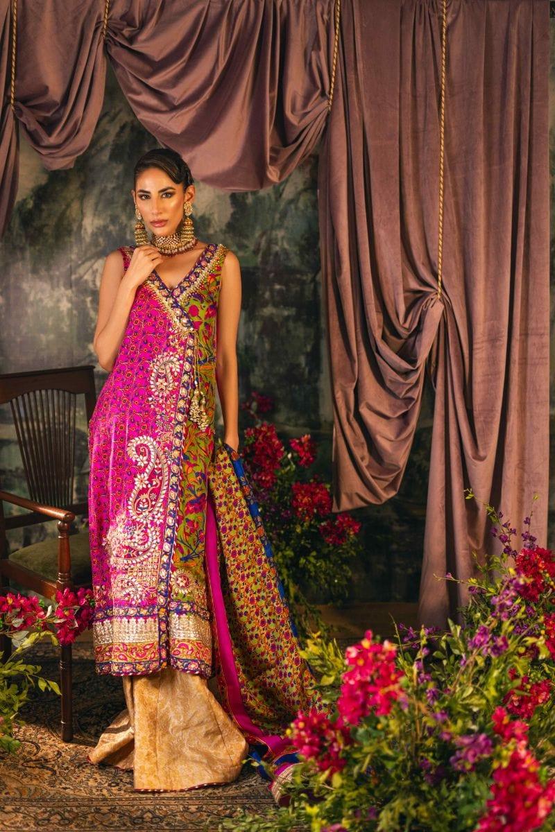 Shehrnaz - SHK-1200 - zeina - Hot pink & green - Pure silk  - 3 Piece