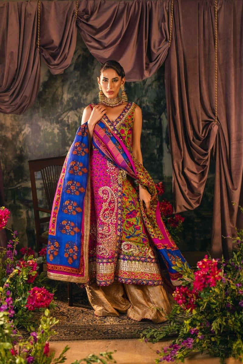 Shehrnaz - SHK-1200 - zeina - Hot pink & green - Pure silk  - 3 Piece