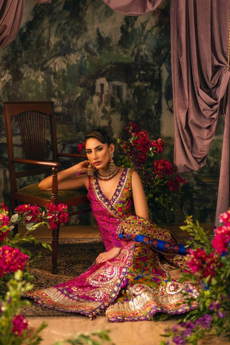 Shehrnaz - SHK-1200 - zeina - Hot pink & green - Pure silk  - 3 Piece