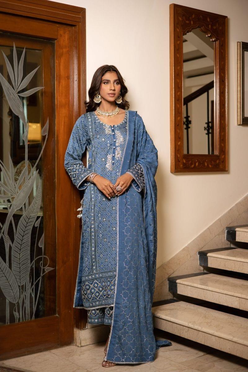 Shehrnaz - SHK-1211 - Shezray - Blue - Satin - 3 Piece