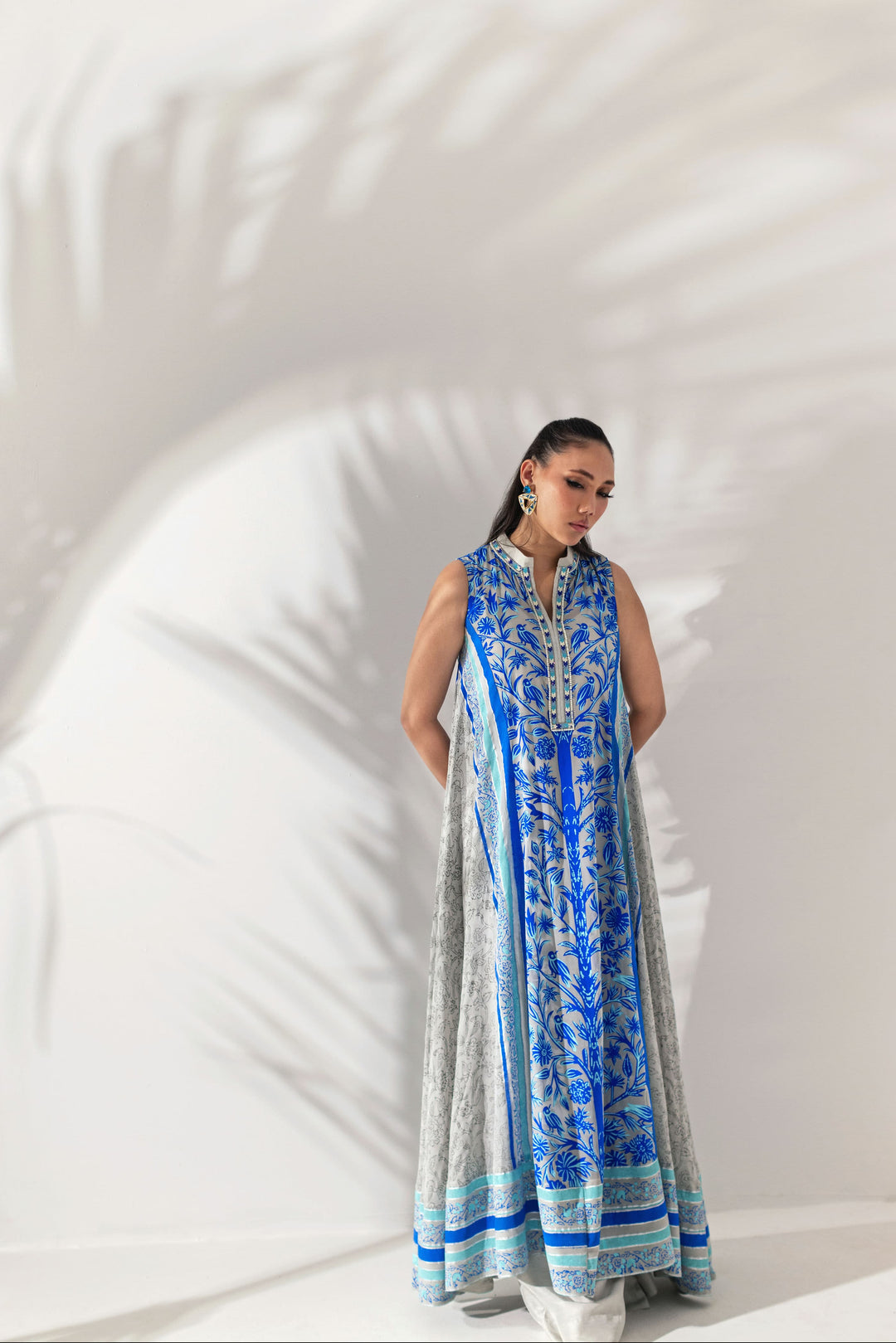 Shehrnaz - Sapphire Blue & Grey Printed Floor-Length Kaftan - Grey - 2 Piece