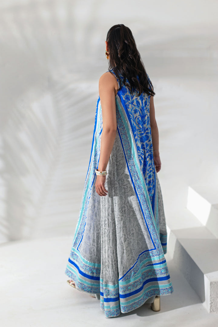 Shehrnaz - Sapphire Blue & Grey Printed Floor-Length Kaftan - Grey - 2 Piece