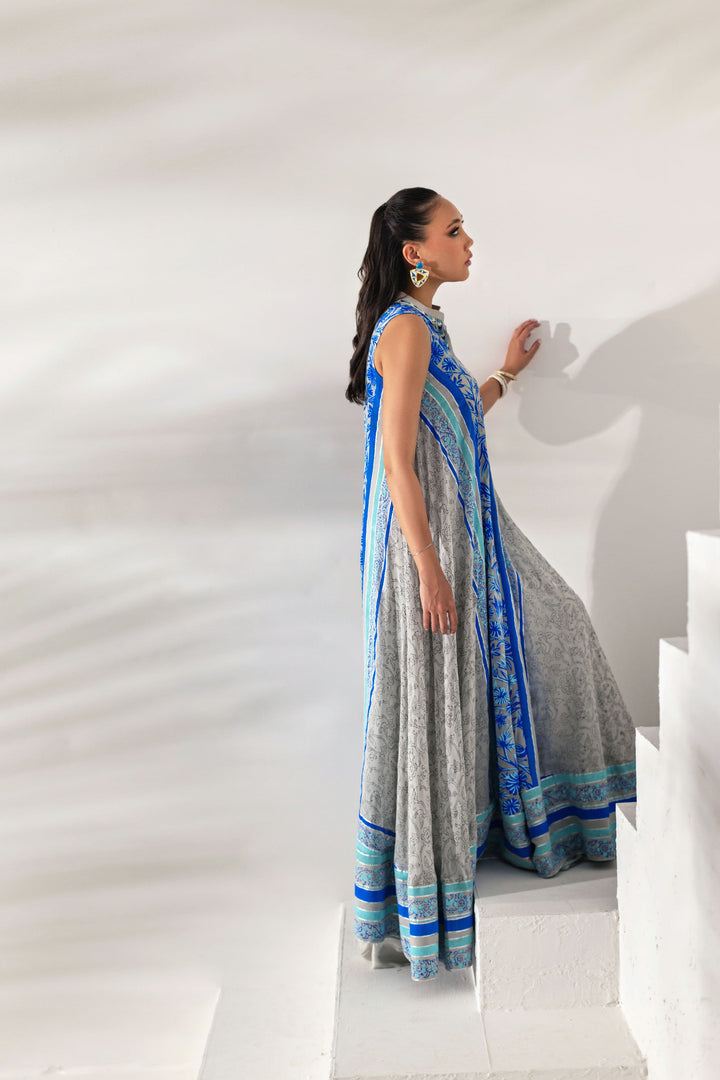Shehrnaz - Sapphire Blue & Grey Printed Floor-Length Kaftan - Grey - 2 Piece