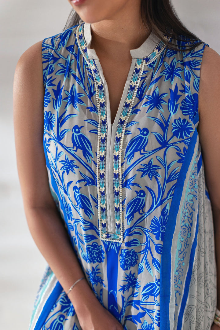 Shehrnaz - Sapphire Blue & Grey Printed Floor-Length Kaftan - Grey - 2 Piece