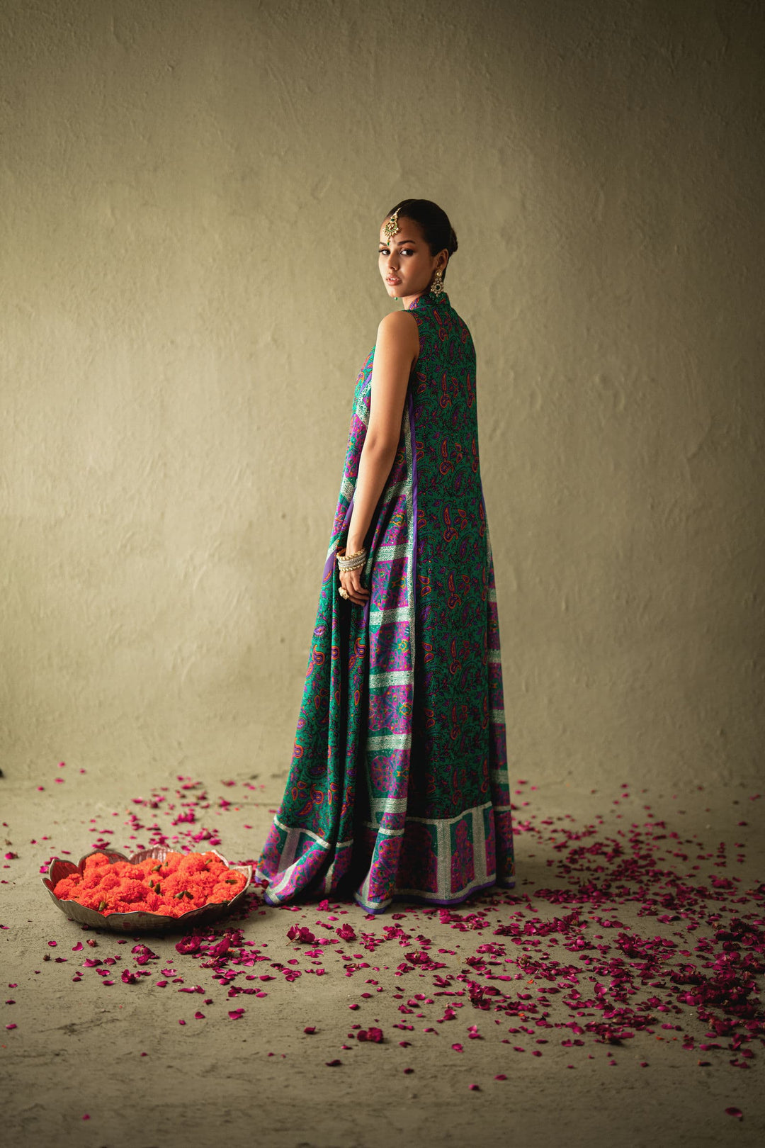 Shehrnaz - Seren Emerald-Purple Silk Kaftan - SHK-1582 - Emerald Green - Pure Medium Silk - 3 Piece