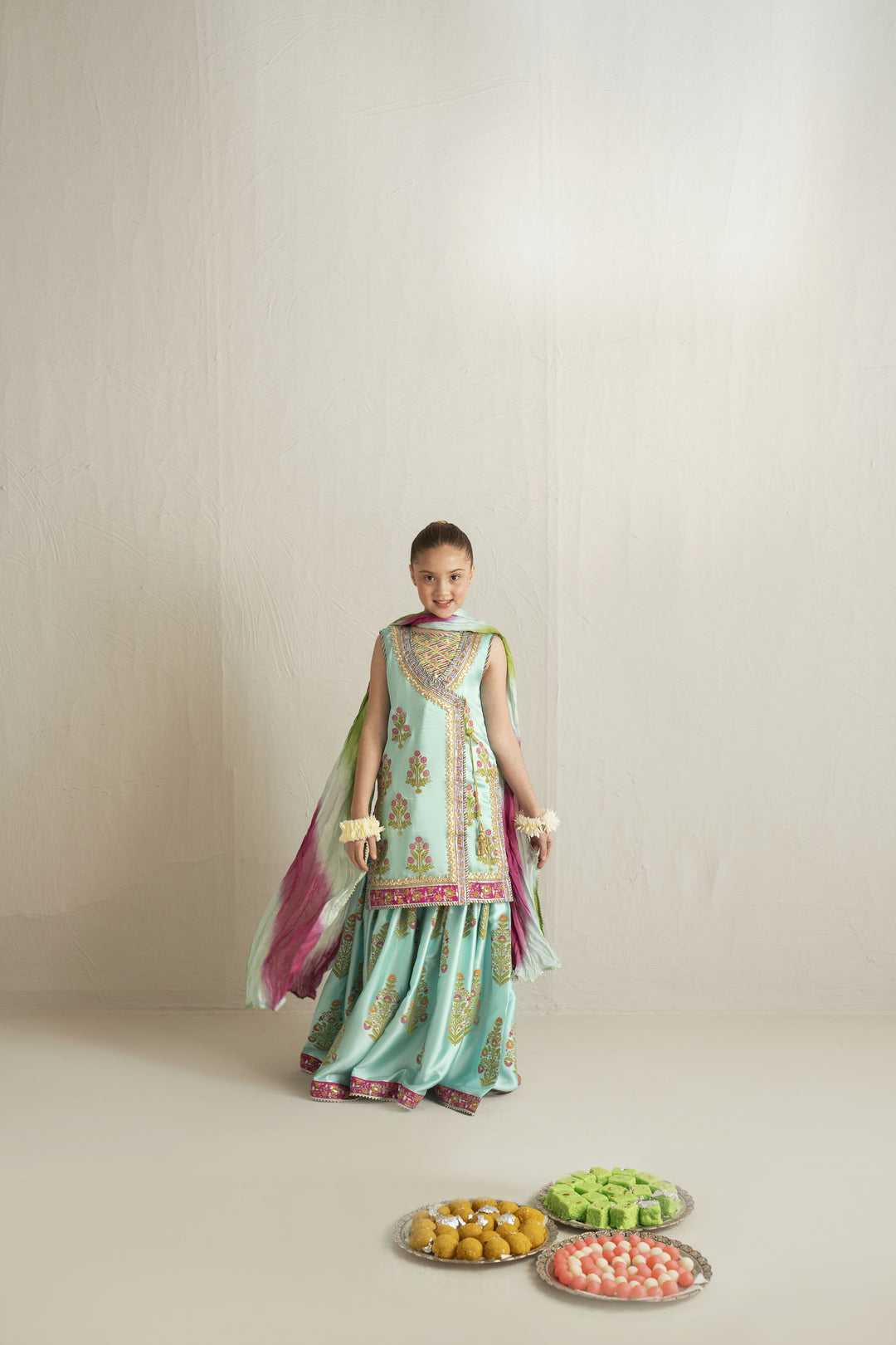 Shehrnaz - Silk Ferozi Block Angrakha & Gharara Set For Girl - Ferozi Blue