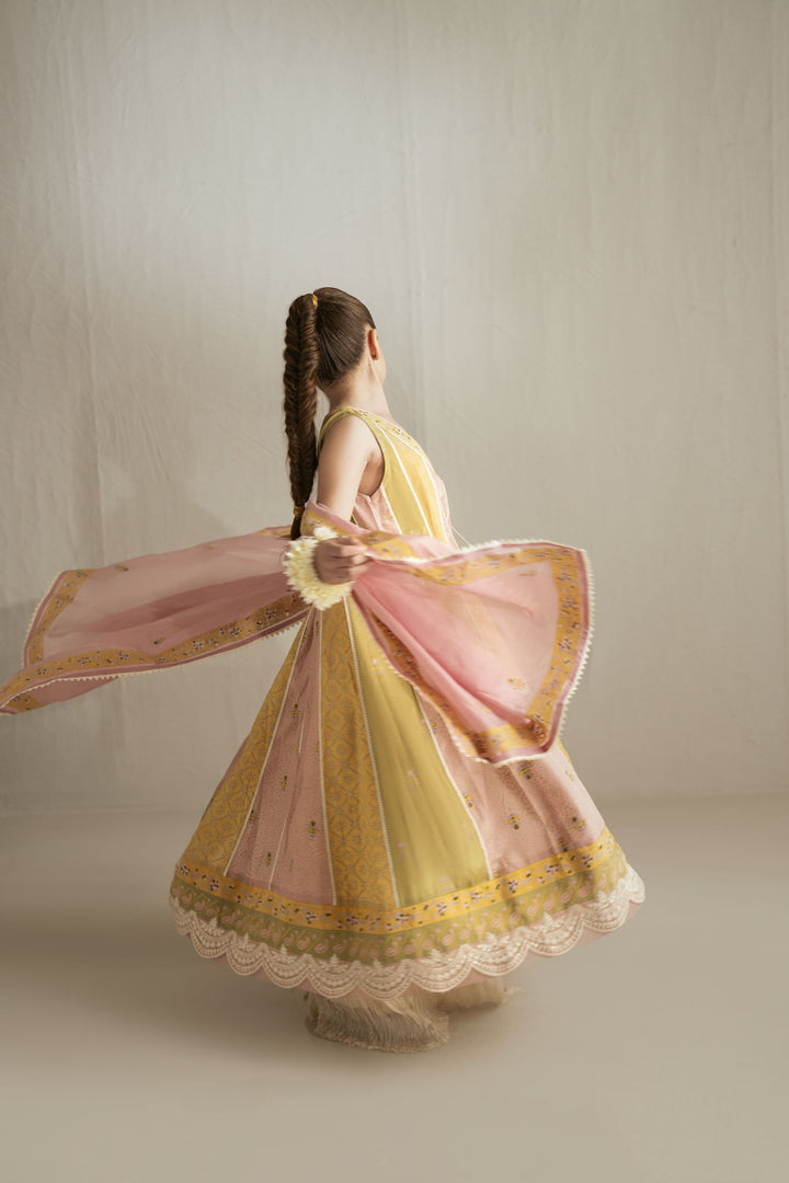 Shehrnaz - Silk Sunshine Chunari Anarkali With Crushed Azaar For Girl - Yellow
