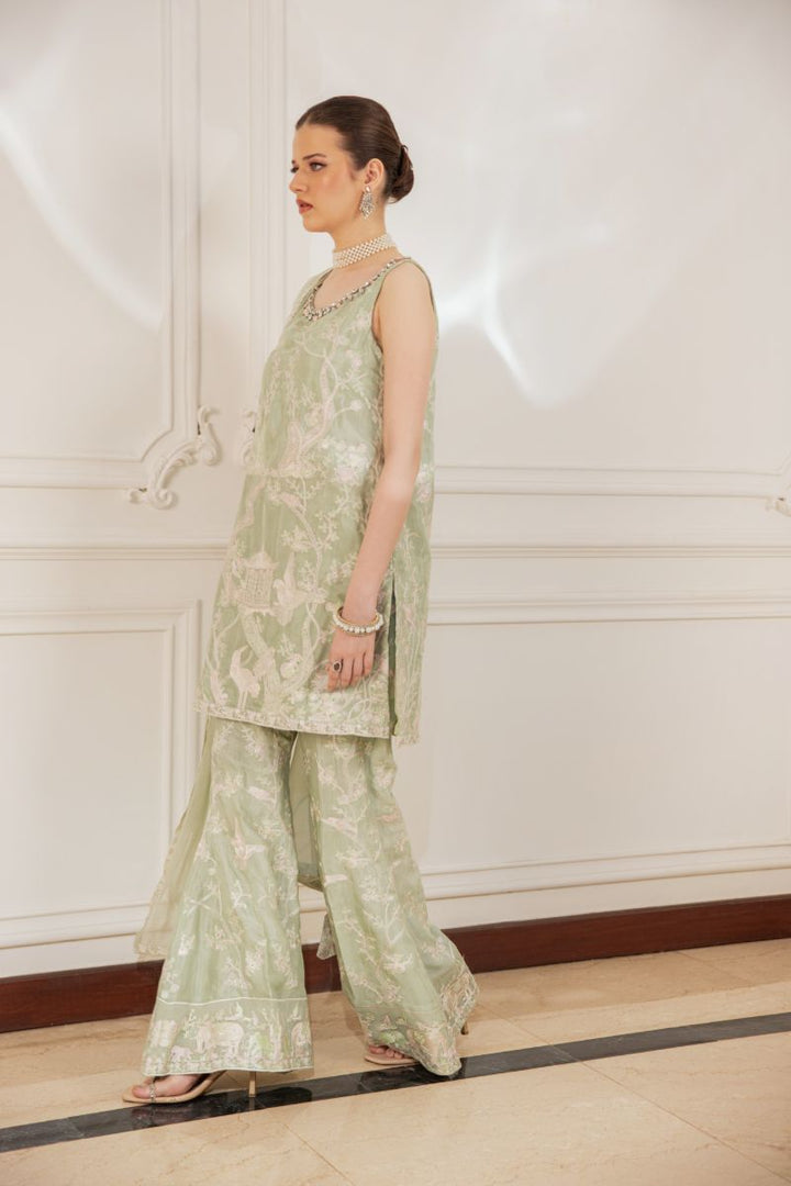 Shehrnaz - Solene - SHK-1487 - Sea Green & Beige - Viscose Raw Silk - Gharara - 3 Piece