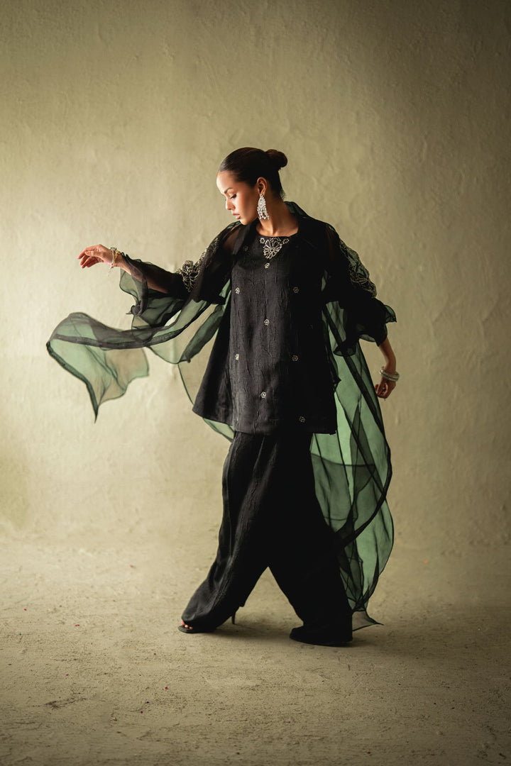 Shehrnaz - Tahlia Black Organza Pleated Coat - SHK-1592 - Black - Organza - 3 Piece
