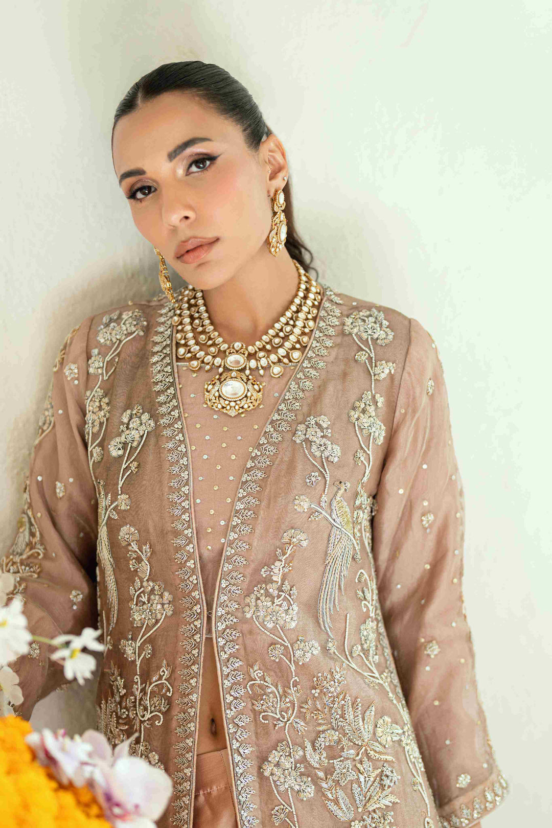 Shehrnaz - Tara Rose Gold Long Coat Set - SHK-1569 - Rose gold - Mysore silk- - 3 Piece