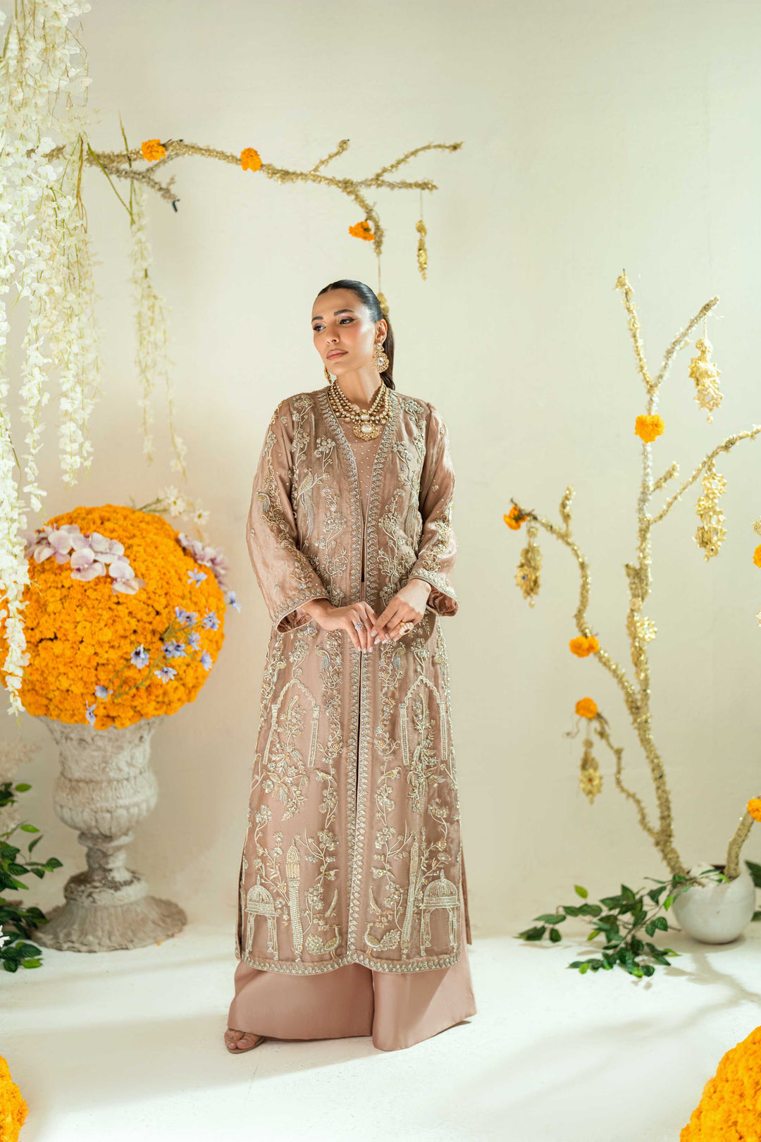 Shehrnaz - Tara Rose Gold Long Coat Set - SHK-1569 - Rose gold - Mysore silk- - 3 Piece