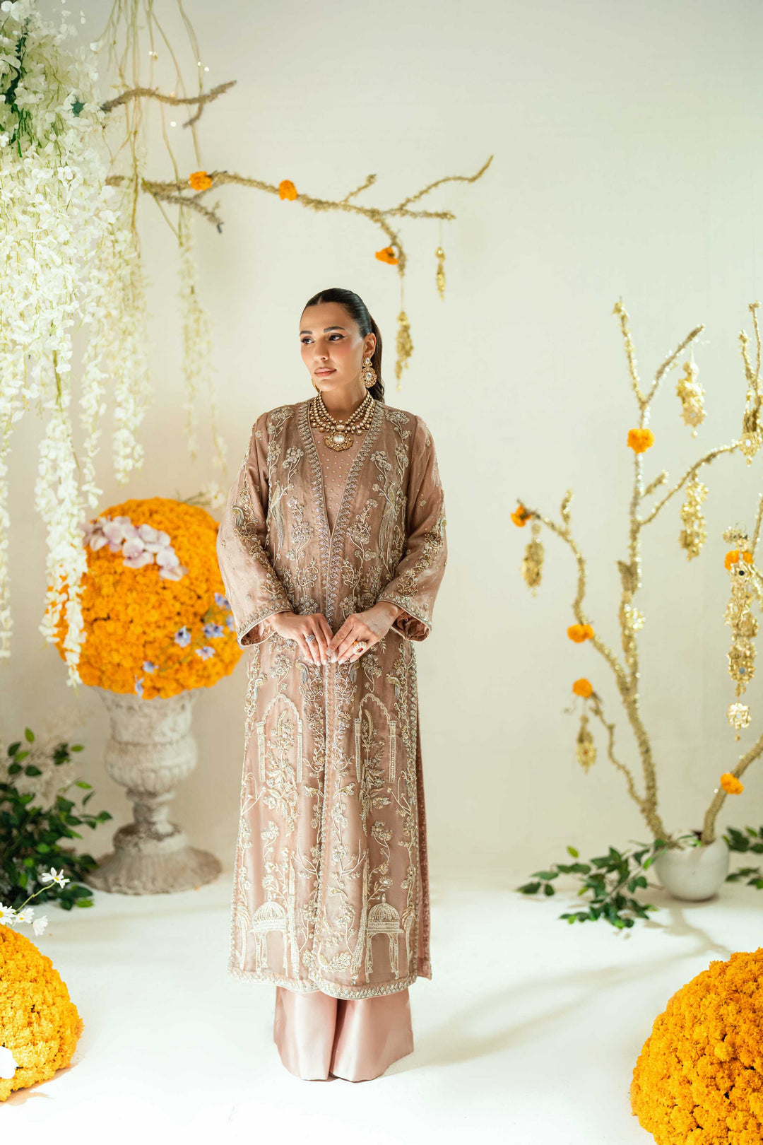 Shehrnaz - Tara Rose Gold Long Coat Set - SHK-1569 - Rose gold - Mysore silk- - 3 Piece