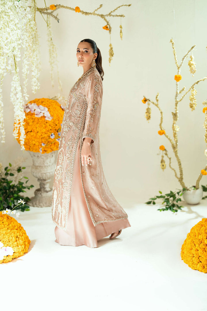 Shehrnaz - Tara Rose Gold Long Coat Set - SHK-1569 - Rose gold - Mysore silk- - 3 Piece