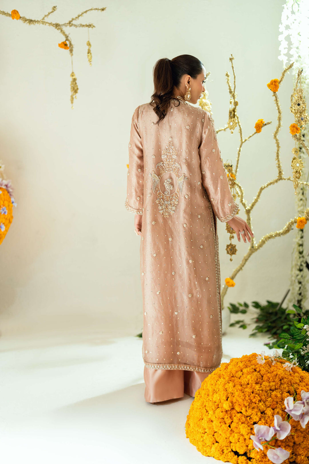 Shehrnaz - Tara Rose Gold Long Coat Set - SHK-1569 - Rose gold - Mysore silk- - 3 Piece