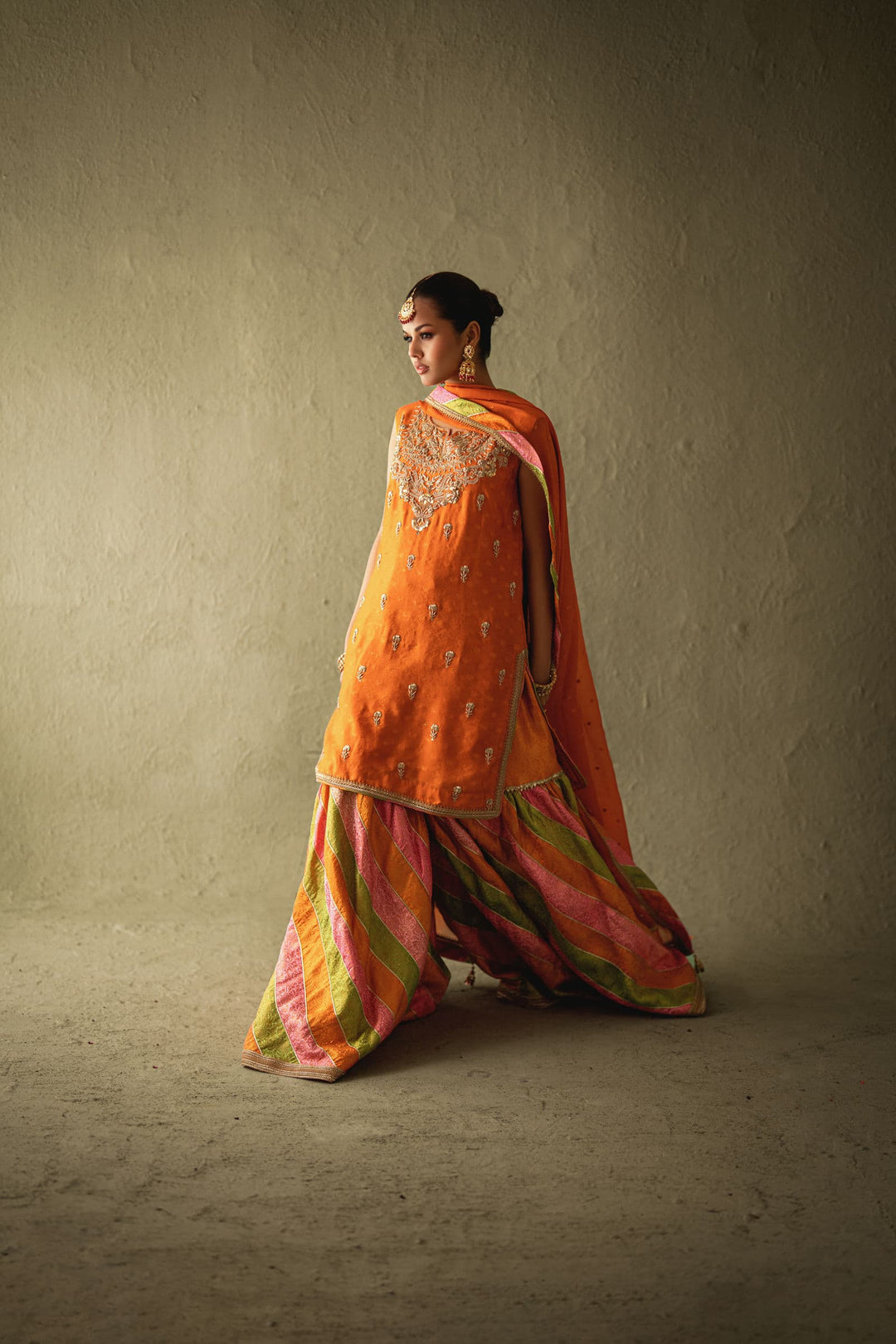 Shehrnaz - Zarisha Orange Zari Gharara Set - SHK-1570 - Orange - Cotton Net - 3 Piece