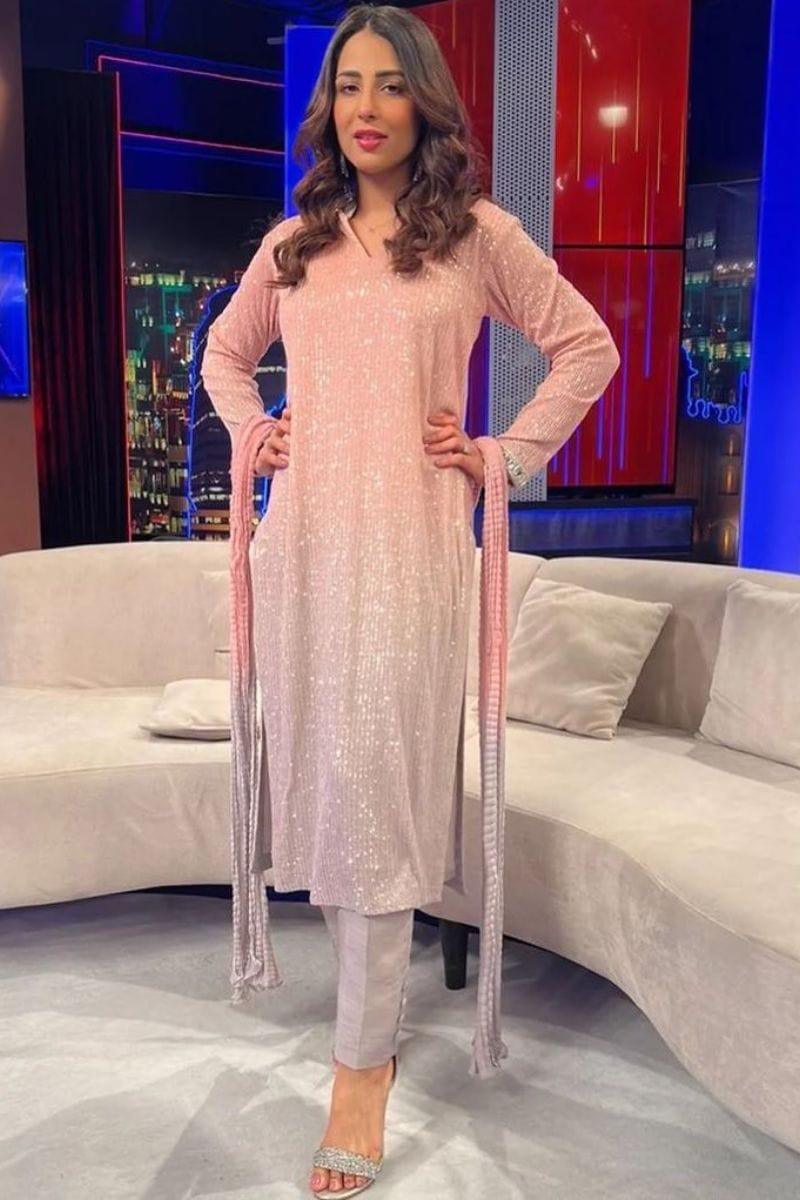 Ushna Shah in Natasha Kamal - Pink Embroidered Net Shirt and Raw Silk Pants with Ombre Crushed Silk Dupatta - 3 Pieces - Studio by TCS
