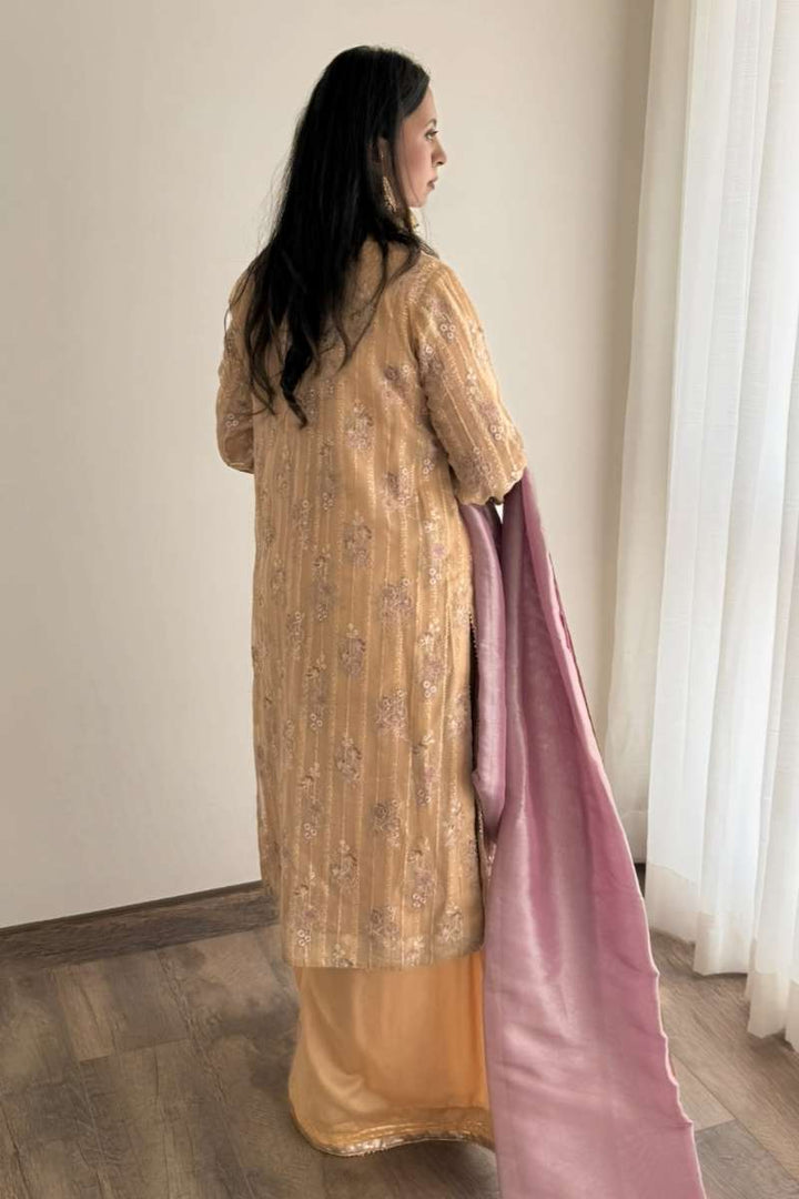 Minutiae - Soraya - Embroidered Net/Cotton Silk/Missouri Tissue - Beige Gold/Purple - 3 Piece