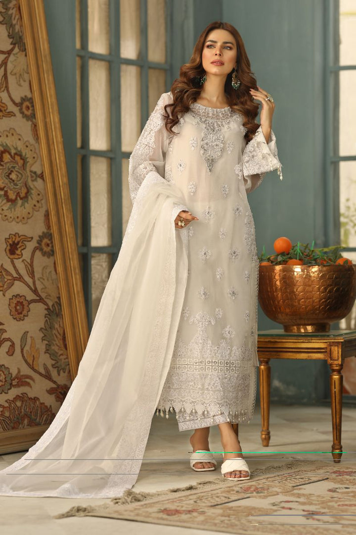 Laleen - Suffi Organza Suit For Women - White - 3 Piece