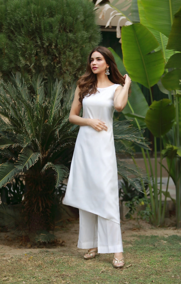 Syah - Diagonal Cut Long Shirt With Trouser - White - Crepe - 2 Piece