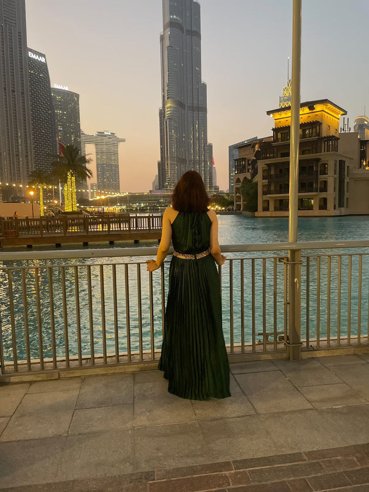 Syah - Halterneck Pleated Dress - Silk - Emerald Green - 1 Piece