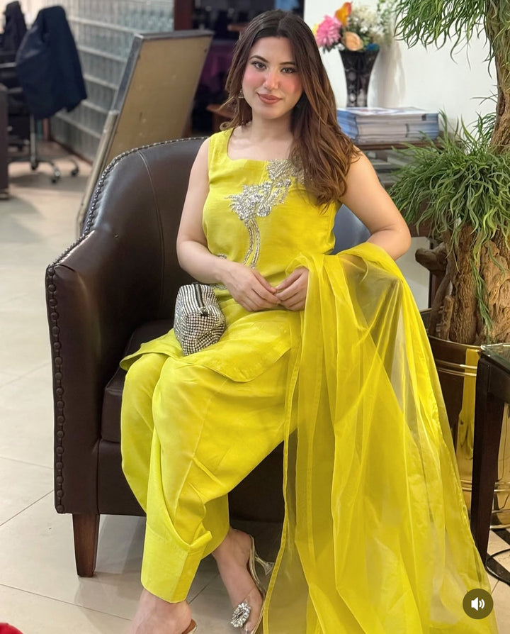 Syah - Tilismi - Raw Silk - Lime-Yellow - 3 Piece