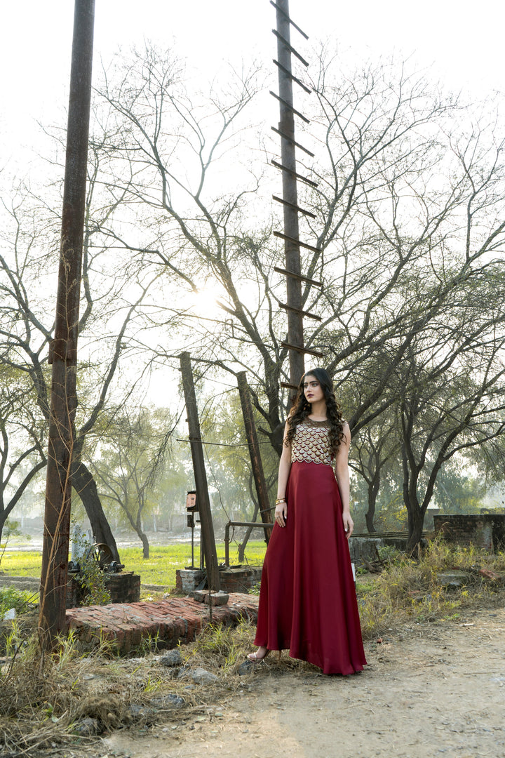 Syah - Umbrella Gown - Maroon - Silk - 1 Piece