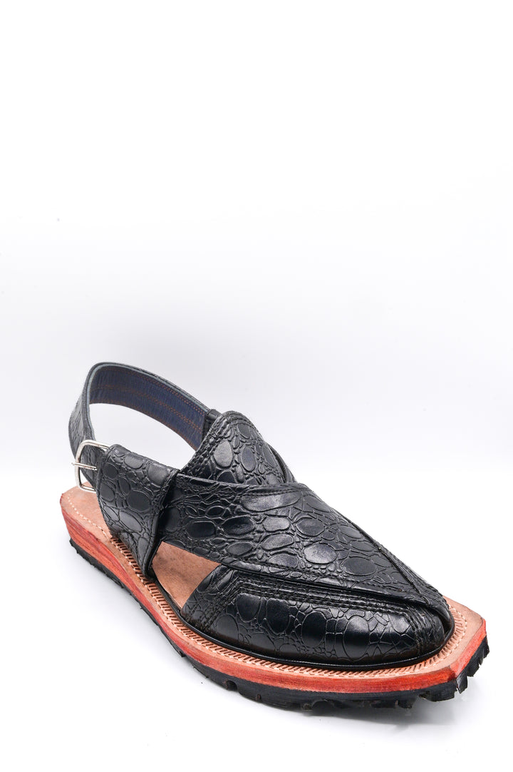 Alifyay - Textured Nyrosi  Black Leather Peshawari Sandal