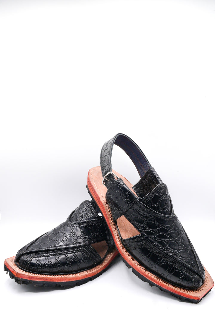 Alifyay - Textured Nyrosi  Black Leather Peshawari Sandal