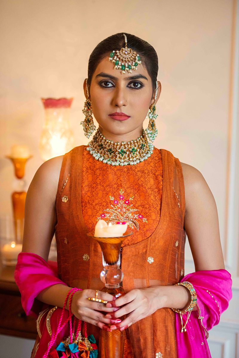 Yasmin Zaman - Tabitha - Silk Jamawar & Katan Net- Rust & Pink- 3 Piece